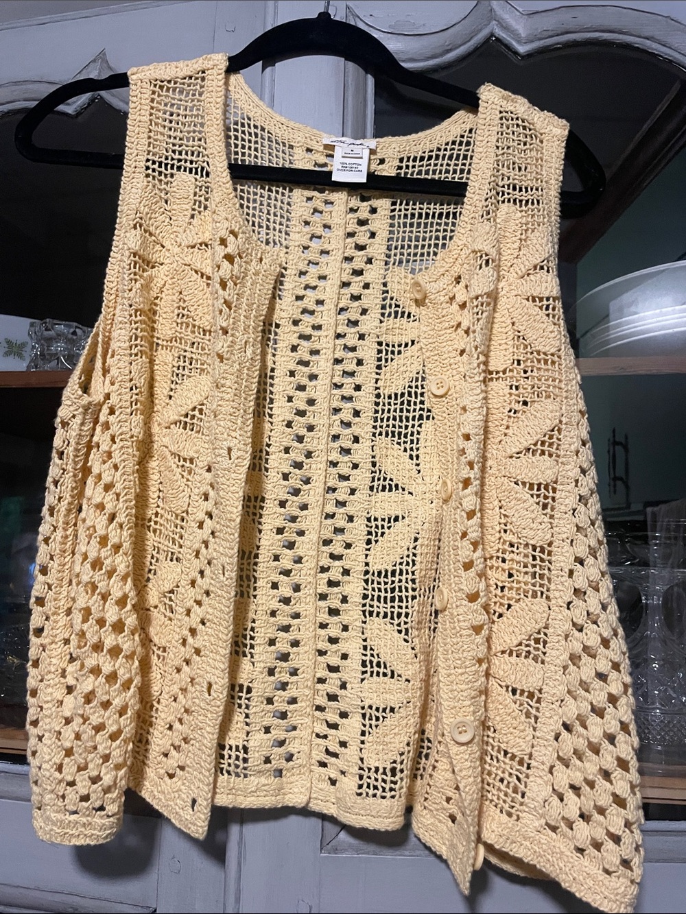 Ultra Pink Cream Crochet Openwork Button-Front Vest